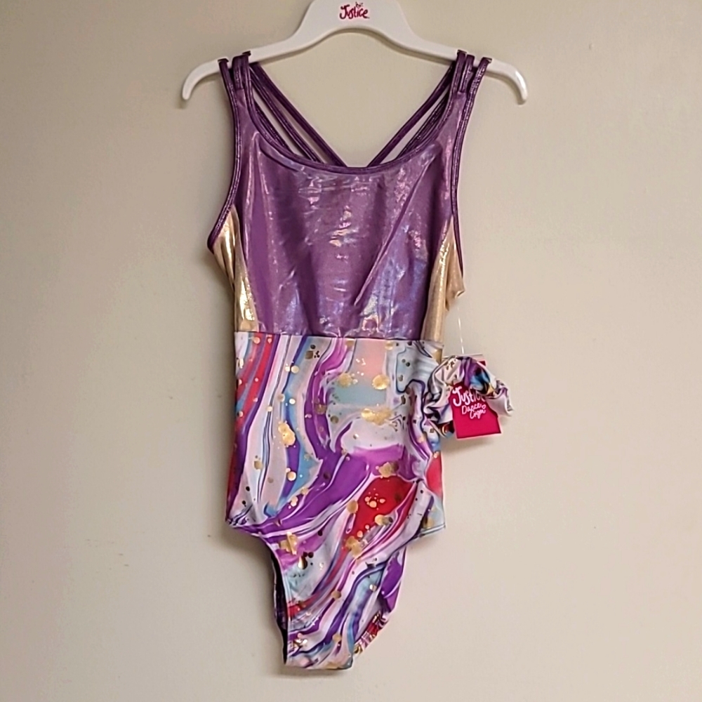 Justice Girls Strappy Back Leotard with Scrunchie, Size L (12/14).